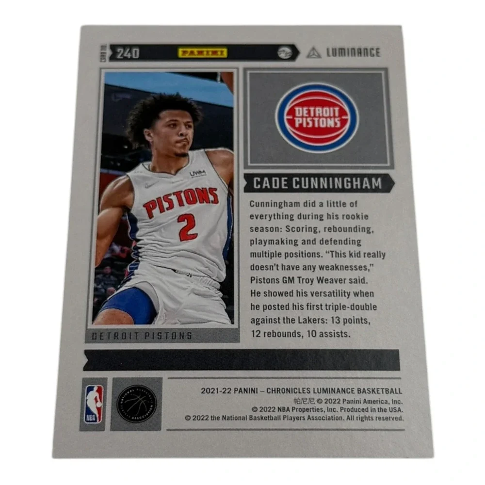 2021-22 Panini Chronicles Luminance Cade Cunningham Rookie Card RC 240 Pistons